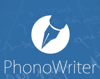 Icône PhonoWriter, stylo plume sur fond bleu.