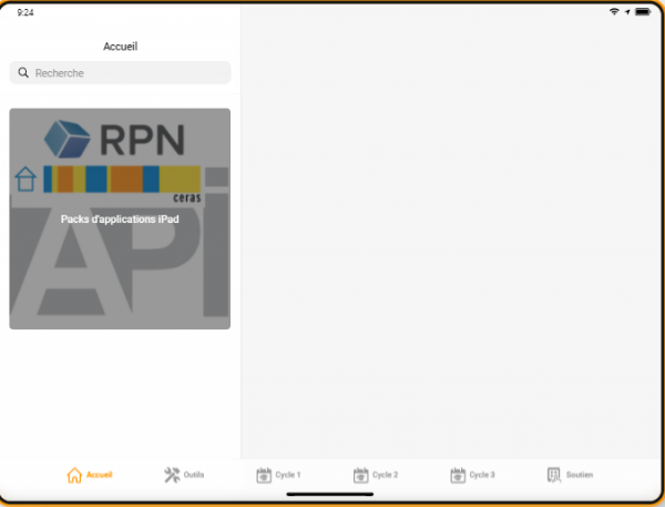 Capture écran Webapplication pack oiso ipad avec logos du RPN, Ceras et API.